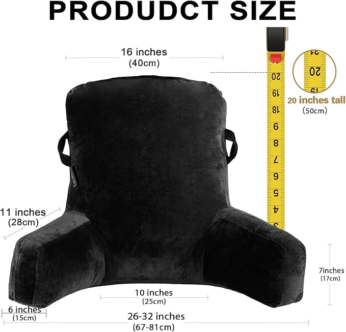 SLIGUY Reading Pillow Standard Bed Pillow for Sitting in Bed Couch or Floor-Backrest with Arms Support and Pockets, Adult Back Pillow Bed Chair for Bed Rest, Reading, Watching TV, Gaming, Black
