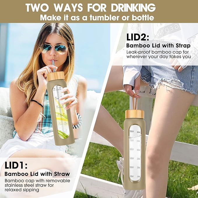 32 oz Glass Water Bottles with Straw - Motivational Glass Water Bottle with Time Marker & Silicone Sleeve - Reusable Glass Tumbler Includes 2 Bamboo Lids & Fruit Infuser - 1 Pack