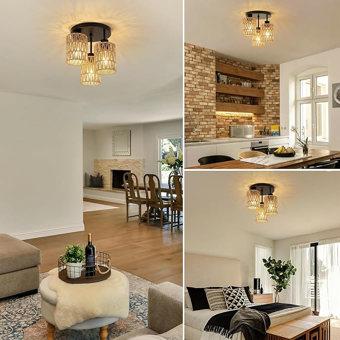 Boho Light Fixtures Ceiling Mount, 3-Light Boho Flush Mount Ceiling Light, Rattan Woven Chandelier Lighting for Farmhouse Bedroom Hallway Entryway Kitchen Nursery