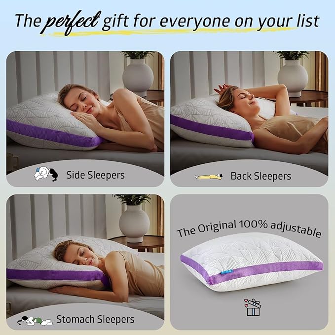 BETU Cooling King Pillow, Shredded Memory Foam Cool Pillow for Hot Sleepers, Adjustable Firm Soft Support Bed Pillows Perfect for Back Neck Pain and Side Sleeping with Pillow Case Cover, Purple