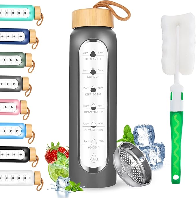32 Oz Borosilicate Glass Water Bottle with Times to Drink | BPA Free - Reusable Wide Mouth Glass Motivational Water Bottles with Infuser & Silicone Sleeve (gray)