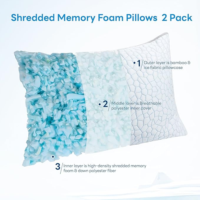 Cooling Pillows for Sleeping Queen Size Set of 2,Shredded Memory Foam Bed Pillow with Pillow Case-Double Sided Material,Adjustable Loft Queen Pillow for Side & Back Sleeper-Medium Firm