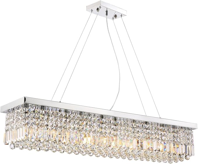 Siljoy 10-Light Modern Crystal Chandelier for Dining Room, Rectangular K9 Crystal Raindrop Chandelier, Rectangle Pendant Ceiling Light Fixture for Living Room Kitchen Island L47'' x W10'' x H10''