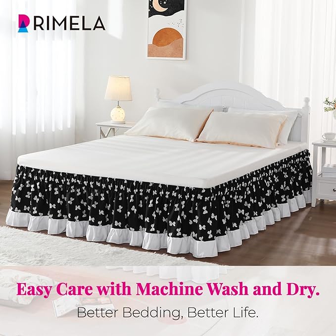 RIMELA Black Elastic Bed Skirt Queen Szie 16 inch Drop, Bedskirt Easy to Put On, Solid Wrap Around Dust Ruffle, Fade Resistant Silky Fabric Machine Washable