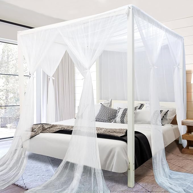 South to East White Canopy Bed Curtains, 4 Corner Post Bed Canopy, Top Elegant Bed Drapes for Bedroom Decor, 75D Polyester Mesh, 4 Openings, Easy Install, Bed Curtain for King/Queen Size