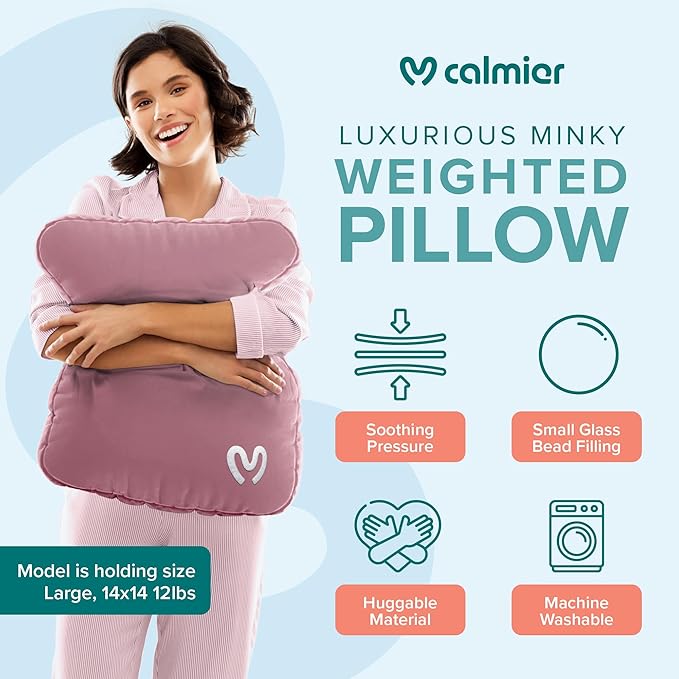 Calmier - 9 lb Sensory Weighted Pillow - Glass Bead Filled Hug Pillow - Ultra Plush Cozy Weighted Pillows for Adults and Kids - Child Sensory Pillow - Weighted Lap Pad (Pink - Minky, 9 LBS)