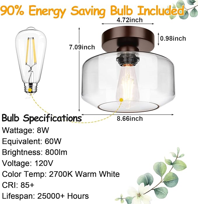 Industrial Semi Flush Mount Ceiling Light Brown, 800 Lumen LED Bulb Included, Clear Glass Shade Ceiling Light Fixture, Light Fixture for Hallway Bathroom Bedroom, Vintage Hanging Light Fixtures