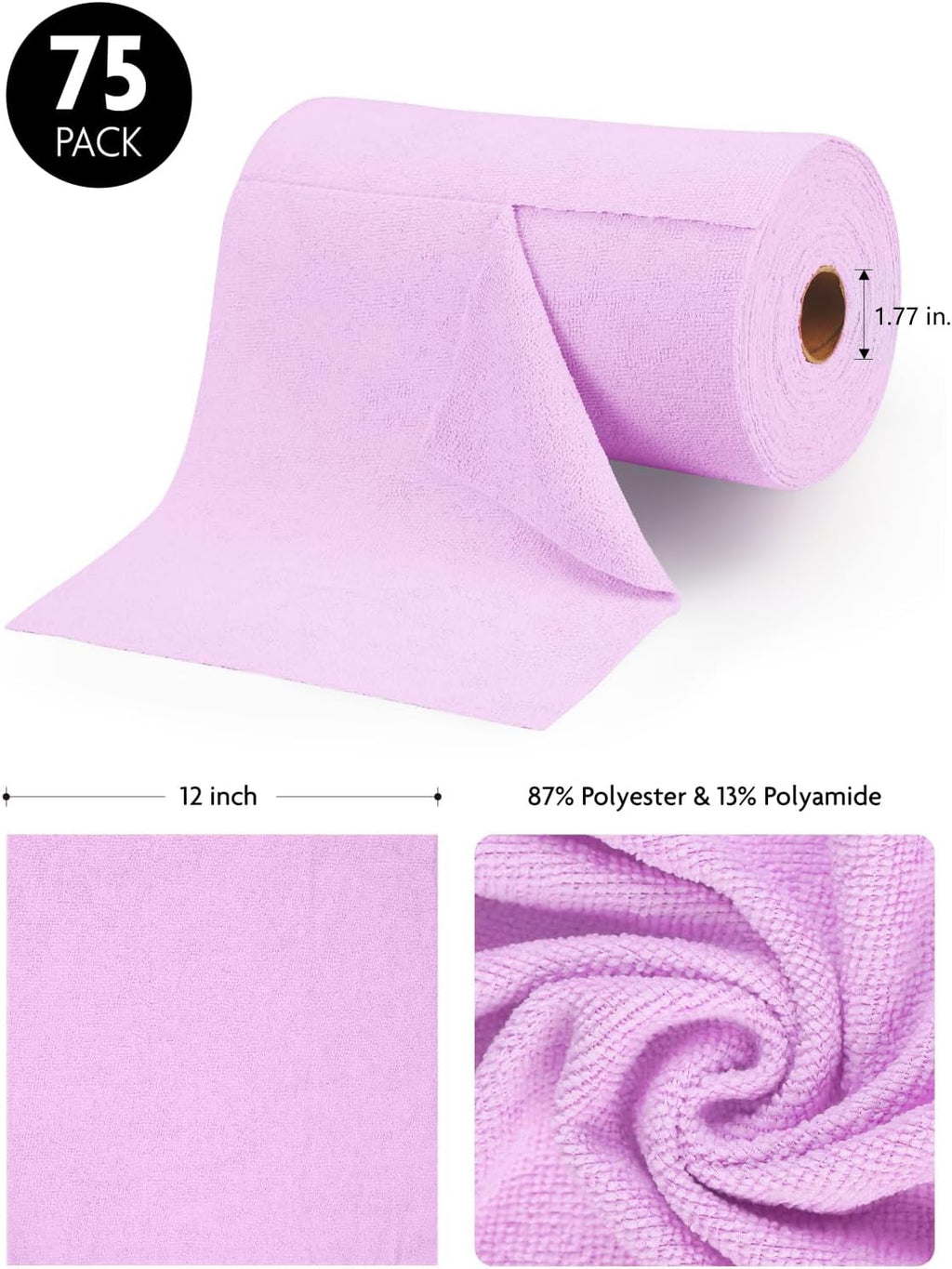Fantasticlean Microfiber Cleaning Cloth Roll -75 Pack, Tear Away Microfiber Towels, 12" x 12", Reusable, Washable, Scratch Free, Ultra Absorbent Dish Rags for Car, Home, Garage or Shop (Purple)