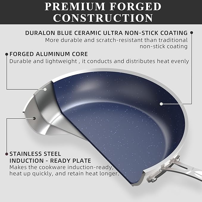 Nuwave Healthy Duralon Blue Ceramic Nonstick Cookware Set, Diamond Infused Scratch-Resistant, PFAS Free, Dishwasher & Oven Safe, Induction Ready & Evenly Heats, Tempered Glass Lids & Stay-Cool Handles