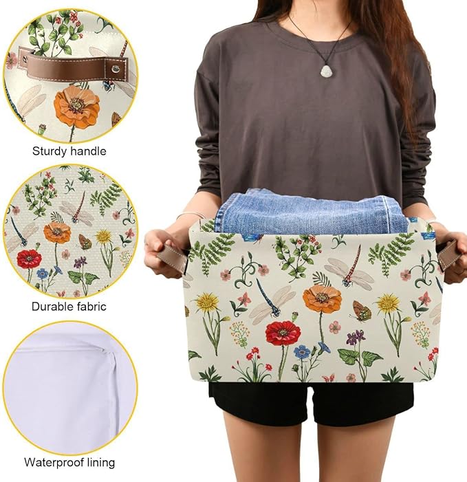 Spring Flowers Herbs Dragonfly Storage Basket Fabric Laundry Baskets Sunflower Lavender Daisy Storage Boxes Organizer Bag for Baby Cloth Dog Toy Book Storage Cubes Shelf Closet Bins 16x12x8 Inches