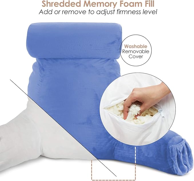 Nestl Reading Pillow Large Bed Pillow, Back Pillow for Sitting in Bed Shredded Memory Foam Chair Pillow, Reading & Bed Rest Pillows Calm Blue Back Pillow for Bed, Bed Chair Arm Pillow with Pockets