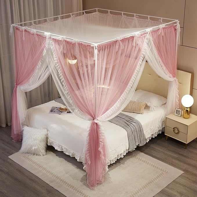 4 Corners Post Princess Curtain Bed Canopy Lace Up Double Layer 4 Opening Mosquito Net Mesh for Girls Bedroom Decoration(Pink/White, 59" W*82" L*82" H/Queen)
