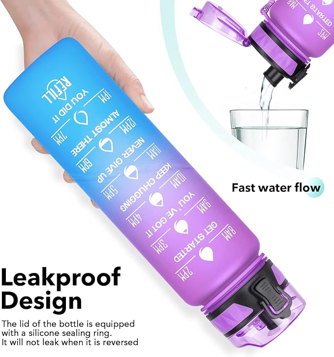 32oz/26oz Motivational Water Bottle with Time Marker & Fruit Strainer, Leak-proof BPA Free Non-Toxic 1l Bottle with Carrying Strap, Perfect for Fitness, Gym and Outdoor Sports, Plastic