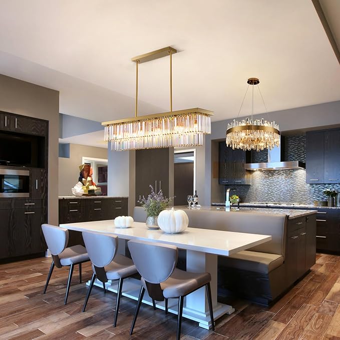 Siljoy 8-Light Modern Crystal Chandelier for Dining Room, Rectangular Gold 2-Tiers Crystal Raindrop Chandelier, Luxury Pendant Ceiling Light for Living Room Kitchen Island L31.5'' x W10'' x H10''