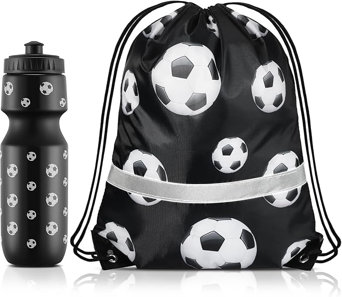 2 Pcs Soccer Party Favors, Soccer Drawstring Bags Goodie Treat Bags and 24 oz Squeeze Water Bottles