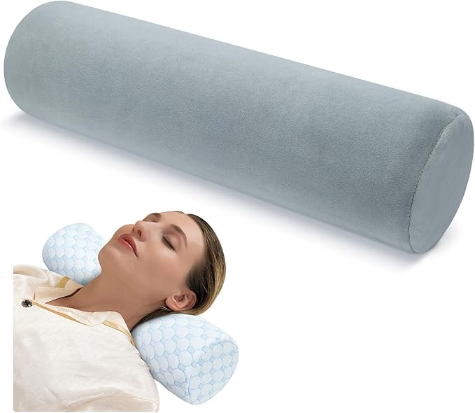 Cervical Neck Pillow with 2 Pillowcases Roll Memory Foam Support Round Pillows for Pain Relief Sleeping, Bed, Legs, Back and Yoga 17 x 4.5 Inches