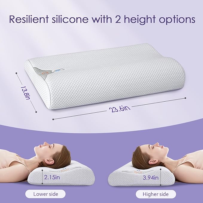 Silicone Cervical Pillow for Pain Relief, Shoulder & Neck Support Machine Washable Silicone Neck Pillow with Cool Silk Breathable Pillowcase, Ergonomic Pillow for Side, Back, Stomach Sleepers