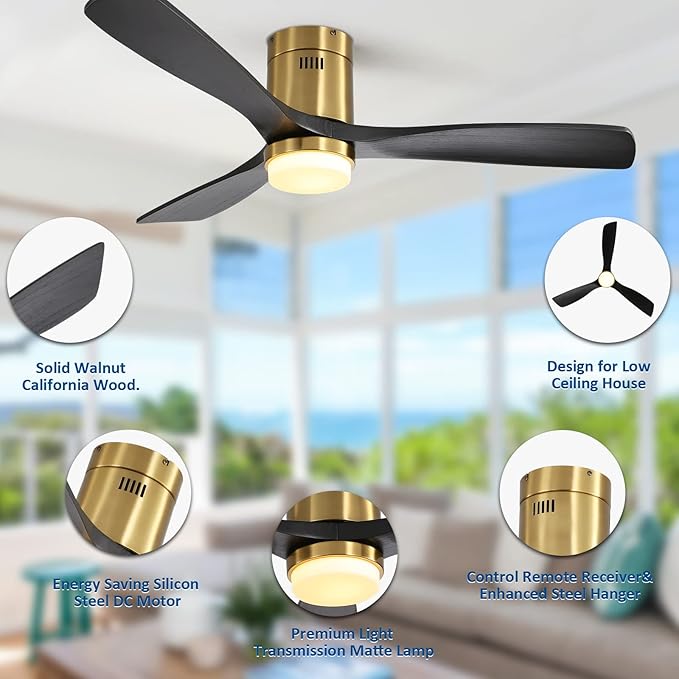 Sofucor Low Profile Ceiling Fan, Flush Mount Ceiling Fan with Lights and Remote Control, 52'' Wood Ceiling Fan with 3 Color Temperature & Adjustable Brightness, Black Wood