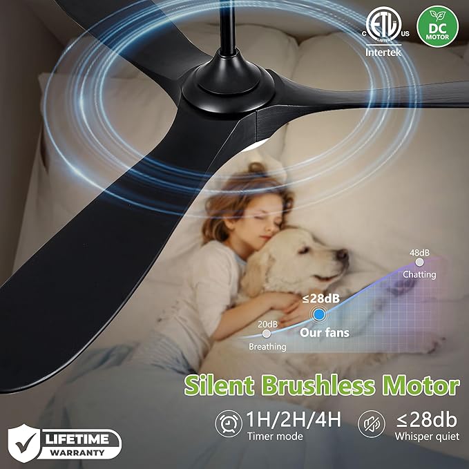 52 Inch Ceiling Fans with Lights and Remote Control, Wood Outdoor Ceiling Fan with Light 3 Blade Modern Black Ceiling Fans Propeller for Patios Porch Garage, ETL Listed DC Motor, Matte Black