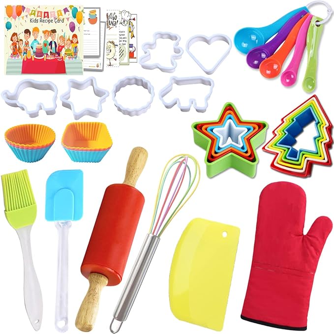 Kids Cooking Baking Gift Set with Recipe Cooking Supplies Cards - Junior Aprons Chef Hat for Girls & Boys - Real Accessories & Utensils for the Curious Child
