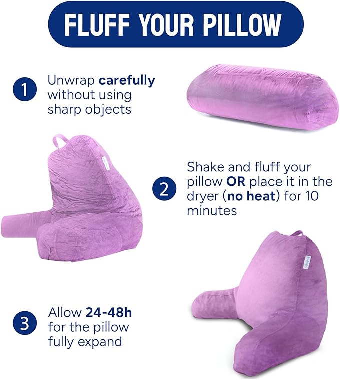 ComfortSpa Reading Pillow for Bed Adult Size, Back Rest Pillow with Arms, Pockets, Washable Cover; Use as Back Pillow for Bed Sitting Up for Bedrest or Relief from GERD Heartburn (Large Lavender)