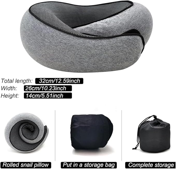 Portable Travel Pillow,Memory Foam Neck Pillow for Travel,Neck Support Pillow for Airplane with Eyemask,Earplugs and Storage Bag(Grey)