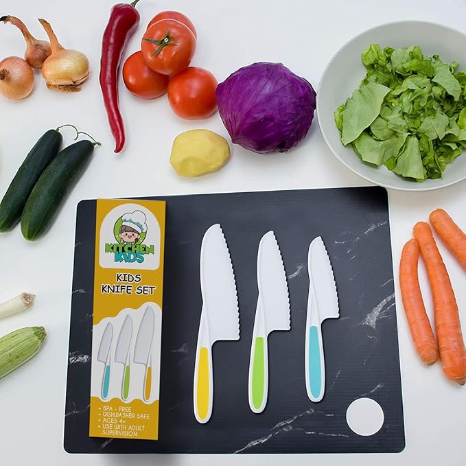 Toddler Knife Set of 3 - Firm Grip, Serrated Edges & Safe – Colorful Nylon Toddler Cooking Knives to Cut Fruits, Salad, Cake, Lettuce (Multi)