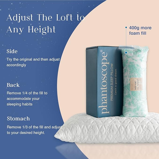 Phantoscope Memory Foam Pillow for Sleeping, Shredded Memory Foam Pillow Cooling Gel for Hot Sleepers, Adjustable Firm Bed Pillows with Bamboo Cover & Cotton Cover, King Size, 1 Pack, Gift Package