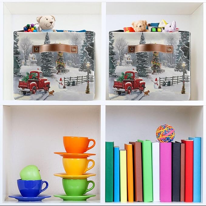 Christmas Tree Red Truck Storage Basket Fabric Laundry Baskets Winter Snowman Snowflake Golden Retriever Dog Storage Boxes Organizer Bag for Cloth Toy Book Storage Cubes Shelf Closet Bins 16×12×8