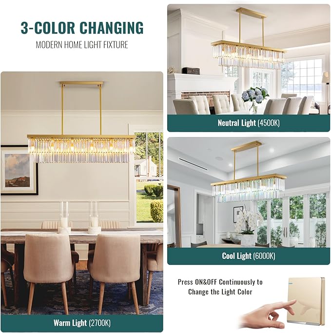 Siljoy 12-Light Modern Crystal Chandelier Gold Rectangular K9 Crystal Raindrop Chandelier, Luxury 2-Tiers Adjustable Ceiling Pendant Light Fixture for Dining Room Kitchen Island, L47'' x W10'' x H10''