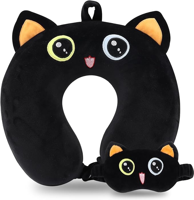 Kids Neck Pillow for Travel with Sleep Eye Mask, Cute Travel Neck Pillow, Memory Foam Cartoon Flight Sleeping Headrest Pillow for Boys & Girls, Airplane, Train, Car, Home Use - Smart Black Cat