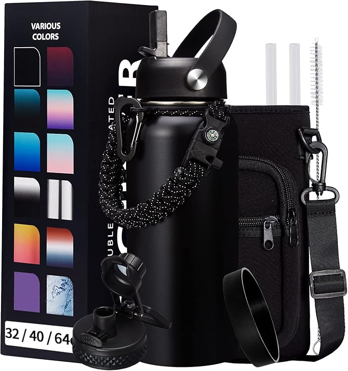 32-40-64OZ Stainless Steel Water Bottle - Black Water Bottle with Straw & Spout Lid, Paracord Handle & Bottle Sleeve, Insulated Vacuum Water Flask Double-Wall Metal Thermo Cup Canteen for Gym School