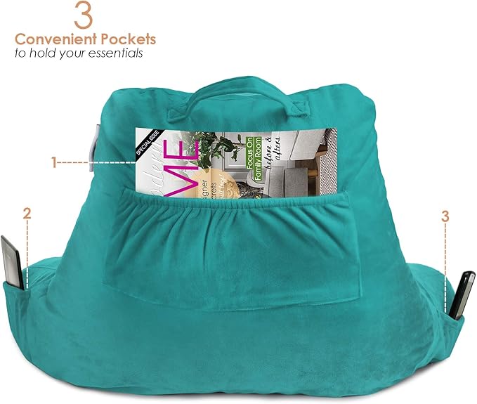 Nestl Reading Pillow Standard Bed Pillow, Back Pillow for Sitting in Bed Shredded Memory Foam Chair Pillow, Reading & Bed Rest Pillows Teal Back Pillow for Bed, Bed Chair Arm Pillow with Pockets