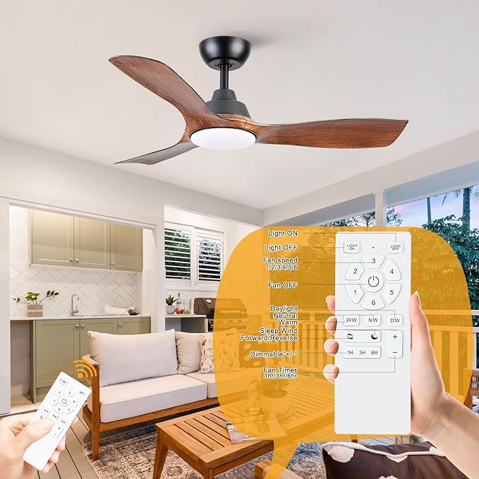 Sevenine Ceiling Fan with Light,Wood Brown Ceiling Fan,3 Blades,Downrod,6 Speed Adjustable,Dimmable LED,3 Timers,Reversible DC Motor, for Patio Living Room Bedroom Dining Room (Wood Brown, 42Inch)