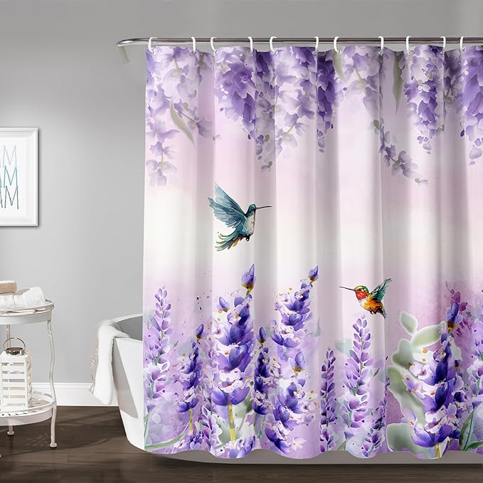 AILONEN Waterproof Floral Shower Curtain for Bathroom,Purple Wisteria Lavender Flowers Shower Curtain,Botanical Floral Decor Bathroom Polyester with Grommets and Hooks 36" W*72" H