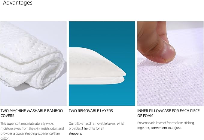 SUQ I OME Adjustable Slim Sleeper -Thin Flat Latex Pillow for Sleeping with 2 Removable Layers 3 Heights(1'', 2.5'', 3.5''), for Stomach, Side and Back Sleepers,Cube White