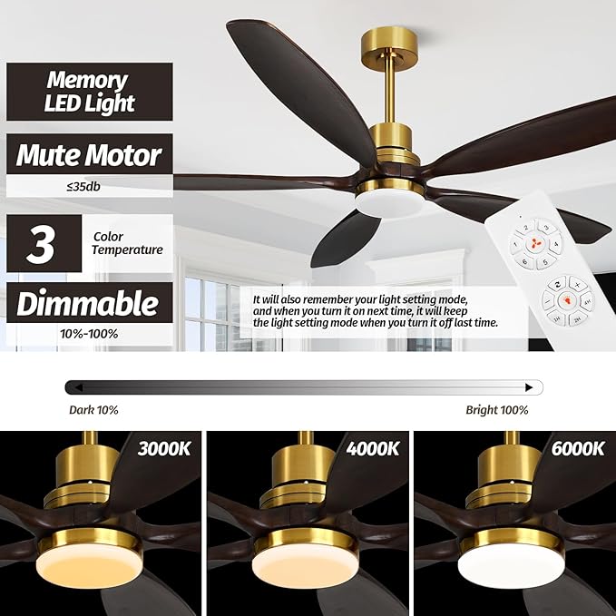60" Ceiling Fan with Light and Remote,Reversible DC Motor,6Speed,Modern Natural Wood Ceiling Fan with Dimmable LED for Outdoor Patios Bedroom Living Room,Grey Walnut and Brass