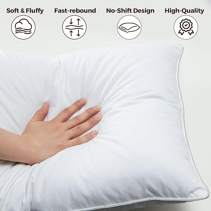 WOLKI Goose Feather Down Alternative Pillows Sandard Size Set of 2, 100% Soft Cotton Shell Bed Pillow, Hotel Sleeping Pillow for Back, Stomach or Side Sleepers 20x26