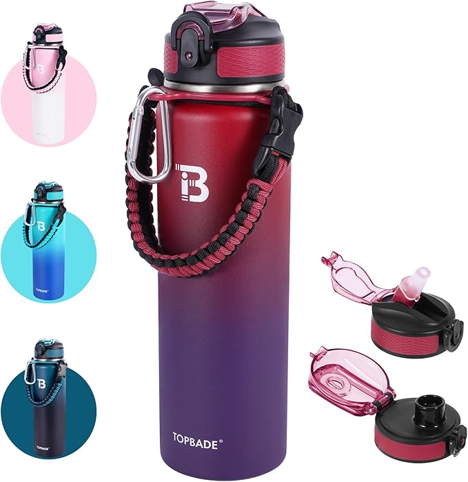 32oz Insulated Water Bottle with Straw Lid & Spout Lid & Paracord Handle, Stainless Steel Water Bottle Wide Mouth, Double Wall for Women Men Gym Fitness Outdoor