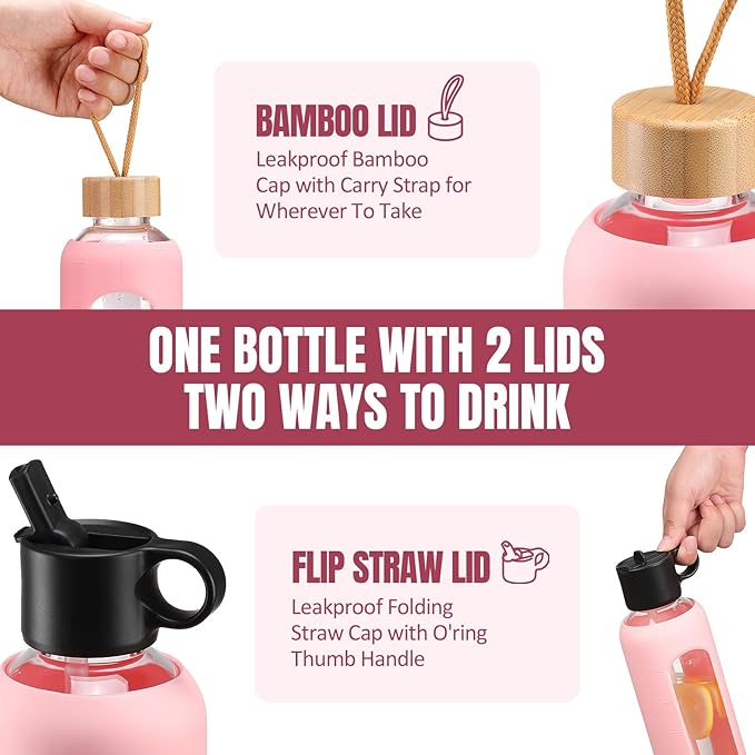 24oz Glass Water Bottle With 2 Lids-Flip Straw Lid, Bamboo Lid, Glass Water Bottle With Silicone Sleeve, Motivational Time Marker, Glass Juice Bottle for Cold Drink,Pink