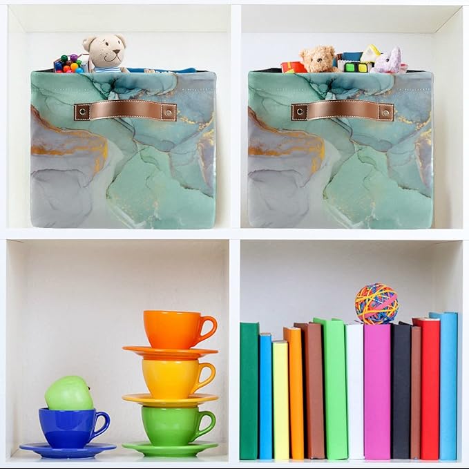 Green Tie Dye Storage Basket Fabric Storage Bin Laundry Baskets Marble Turquoise Foldable Storage Boxes Organizer Bag for Baby Cloth Dog Toy Book Storage Cubes Shelf Closet Basket 16×12×8 Inches