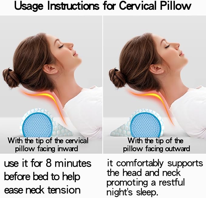 Cervical Neck Pillow: Designed to help alleviate neck discomfort. This neck pillow for sleeping can be used as a cervical traction device, for neck support and shoulder relaxation.. (Blue White)