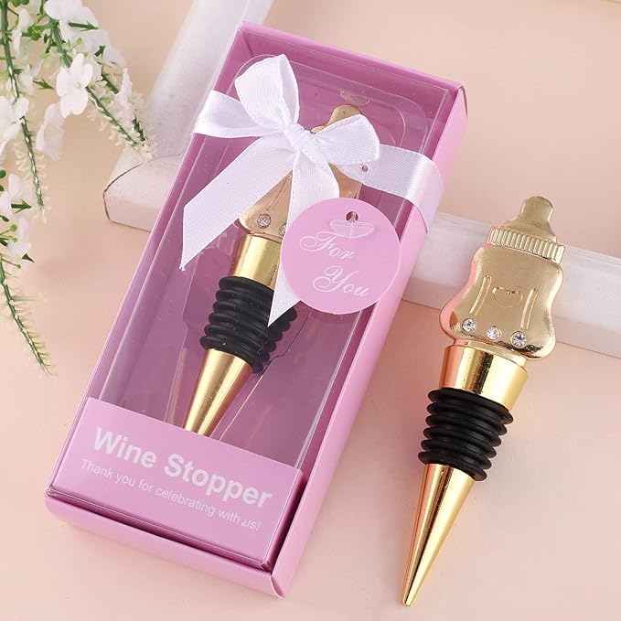 12Pcs Wine Bottle Stopper Baby Shower Souvenirs for Guest,Gold Feeding Bottle Stopper Wedding Favors Baby Girl Shower Giveaways Gift to Guest(12, Pink-Bottle Stopper)
