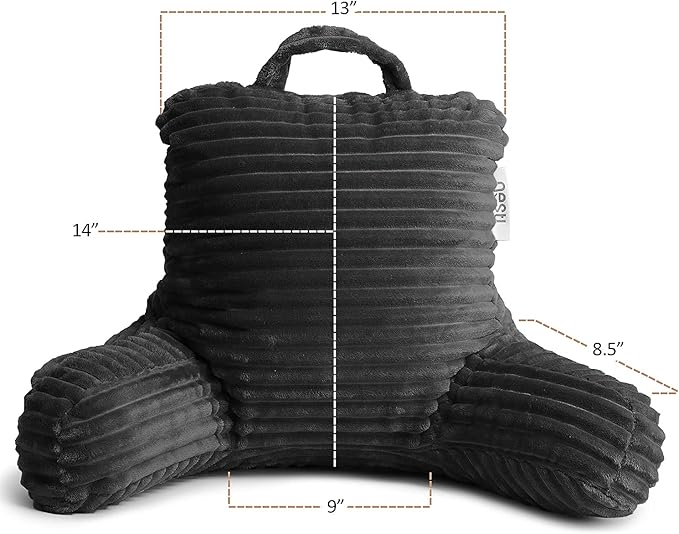 Nestl Reading Pillow with Portable Lap Desk Stand for Laptop 19x11”, Cut Plush Striped Back Pillow, Back Support Pillow, Shredded Memory Foam Bed Rest Pillow with Arms for Kids & Teens, Small - Gray