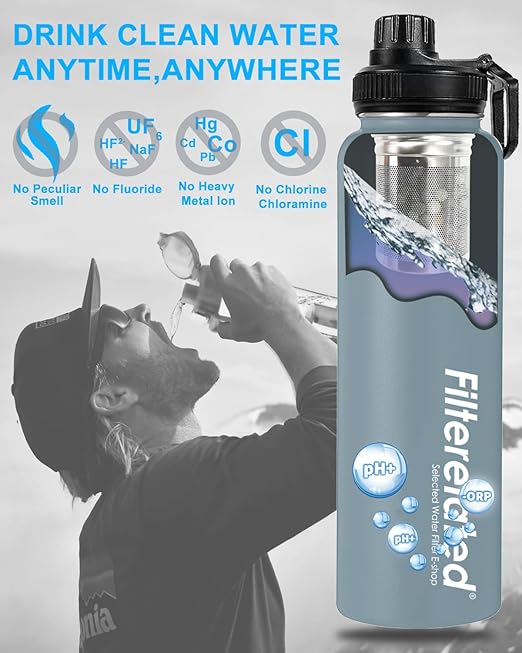 30oz Stainless Steel Portable Alkaline Filter Water Bottle, Creates Up To 9+ Ph Of Quality Water, Sports Travel Water Bottle, Removes Water Impurities（grey）