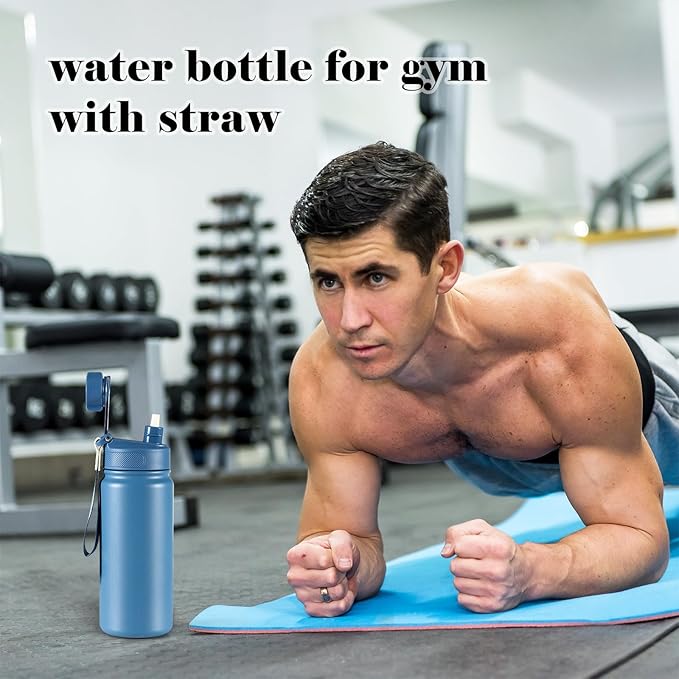 25 oz gym water bottle with straw, leak proof - men's/women's sports metal water bottle - double vacuum insulated stainless steel water bottle for gym, outdoors or traveling