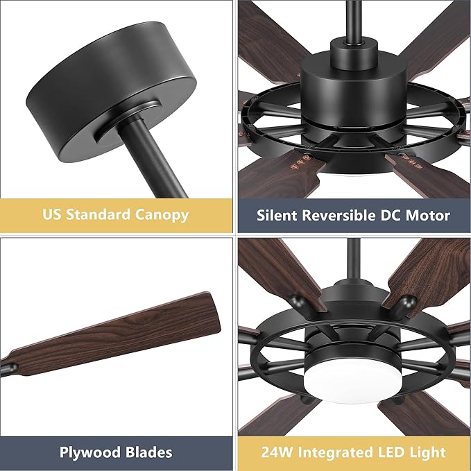60" Ceiling Fan with Lights and Remote Control, Wood 8 Blades 6-Speed Noiseless Reversible DC Motor, 2 Downrods, Modern Ceiling fan for Office Porch Bedroom Dining Living Room, Black+Walnut