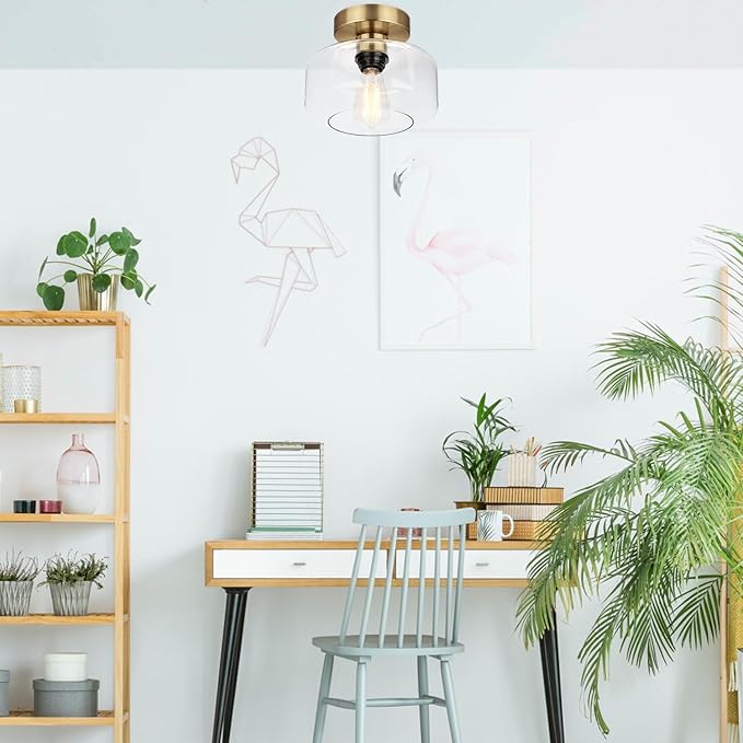 Industrial Semi Flush Mount Ceiling Light Brass, 800 Lumen LED Bulb Included, Clear Glass Shade Ceiling Light Fixture, Light Fixture for Hallway Bathroom Bedroom, Vintage Hanging Light Fixtures