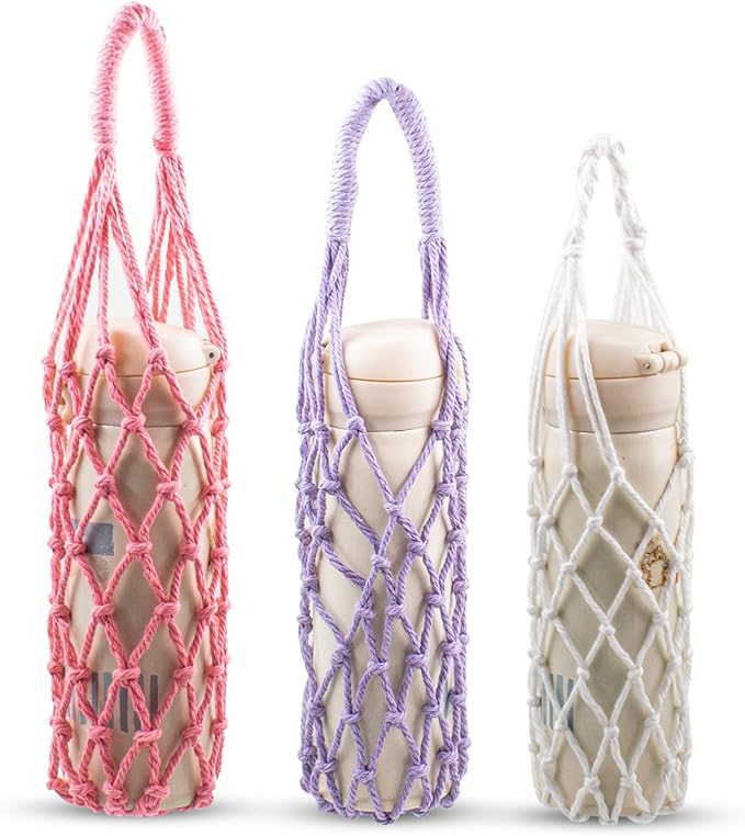 3 Pcs Macrame Water Bottle Carrier, Cotton Water Bottle Bag Crochet Bottle Bag with 3 Colorful Adjustable Shoulder Strap Boho Bottle Sling Bag Wine Bottle Carrier for Gym Hiking Camping Cycling