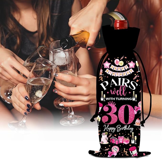 30th Birthday Gifts for Her Women Men Wine Bag, 30 Year Old Birthday Gifts for Women Men, Happy 30th Birthday Party Decorations for Her Him, Pairs Well with Turning 30 Wine Bags (Black Pink)